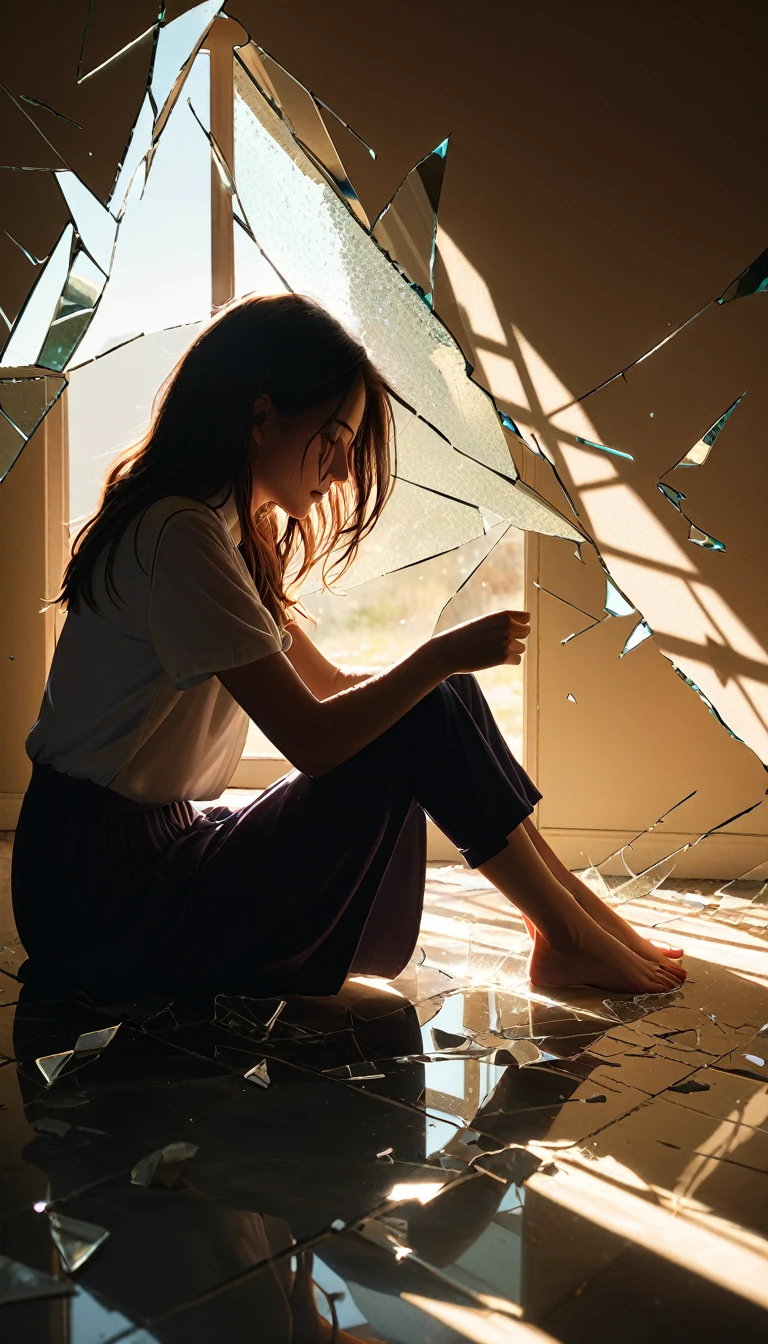 broken glass,broken,fracture,Reflective,The Art of Light and Shadow,1 Half of a girl's body close-up,blurred foreground,dynamic action,Blur,glow(Giant Long Sword:1.8),red light,Realistic Sword,3d ,Unreal engine,rendering,Scary Shadows