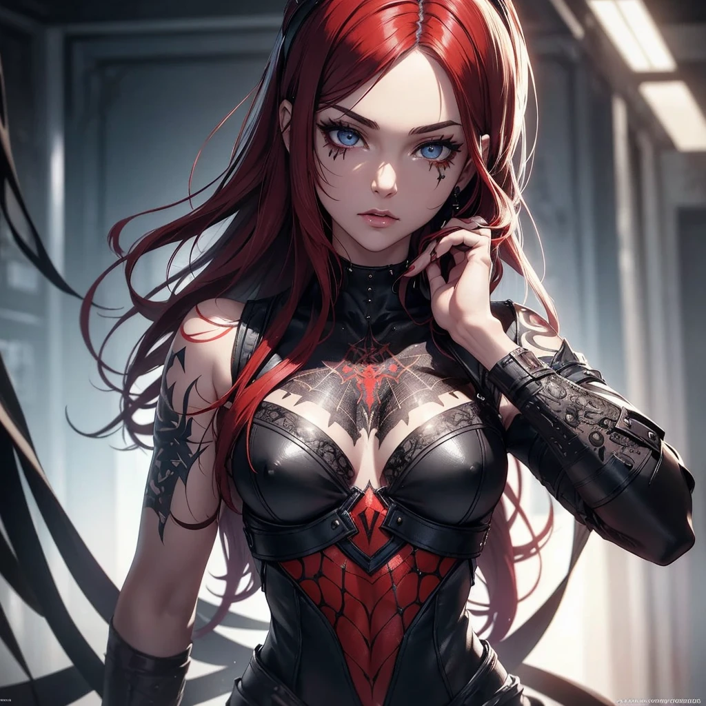 a slim, realistic girl with white skin and thin face, beautiful detailed eyes with black irises, beautiful detailed eyebrows, long straight fiery red hair, short rock'n roll style leather clothing, facial piercings, web tattoos spider on face and arms, black and white modern shapes background, best quality, 4k, 8k, highres, masterpiece:1.2, ultra-detailed, realistic, photorealistic, photo-realistic:1.37, HDR, UHD, studio lighting, ultra-fine painting, sharp focus, physically-based rendering, extreme detail description, professional, vivid colors, bokeh, portraits, horror, concept artists