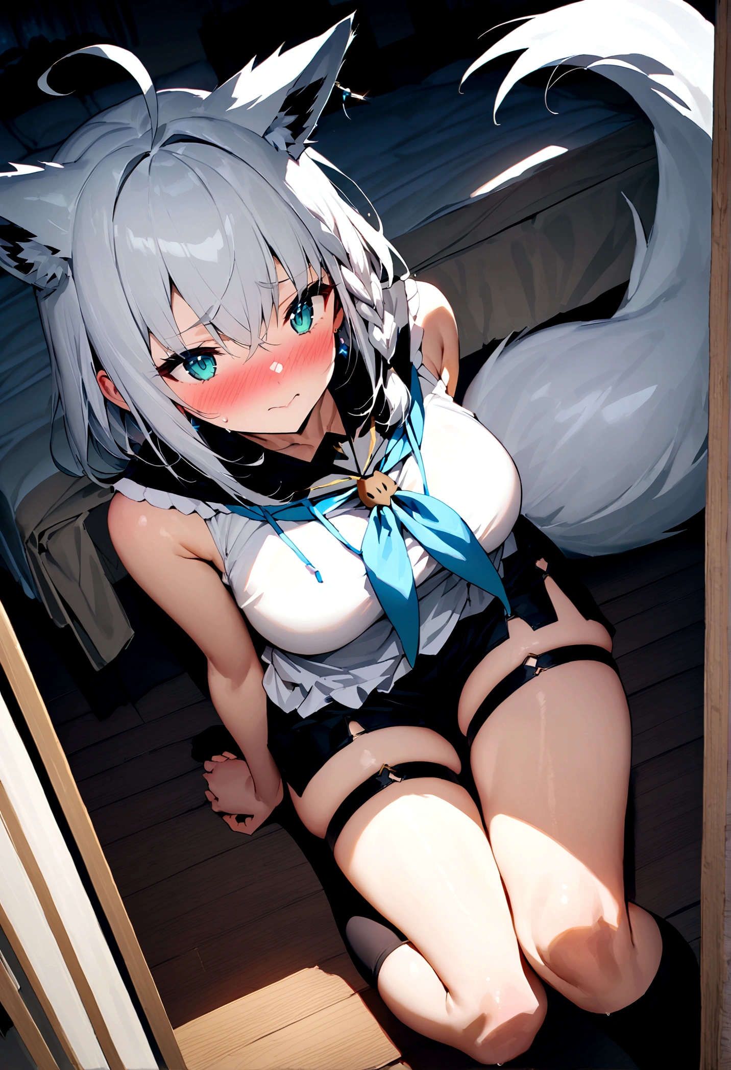 NSFW,masterpiece,Highest quality,High resolution,Super detailed,Snowstorm、Gray Hair、One-sided braid、Ahoge、Earrings、Fox Tail、fubuki_base、White blouse、Sleeveless、Black shorts、Blue neckerchief、Thigh straps、Single knee socks、White Hair、One side braided、Ahoge、Earrings、Fox&#39;s Tail,Embarrassed,Estrus,Lust,blush,Expecting face,lure,Girl&#39;s Room,bed,From above