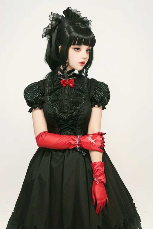 there is a young girl wearing a black dress and red Gloves, portrait of radical ****ta girl, portrait of magical ****ta girl, ****ta style, black gothic ****ta dress, ****ta fashion, victorian gothic ****ta fashion, Angelic beauty, , ****ta, Anime style&quot;, 1 7 year old anime goth girl, Schoolgirl in gothic dress, Double ponytail white_Gloves