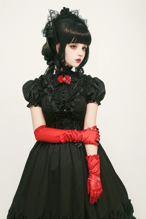 there is a young girl wearing a black dress and red Gloves, portrait of radical Lolita girl, portrait of magical Lolita girl, Lolita style, black gothic Lolita dress, Lolita fashion, victorian gothic Lolita fashion, Angelic beauty, , Lolita, Anime style&quot;, 1 7  anime goth girl, Schoolgirl in gothic dress, Double ponytail white_Gloves