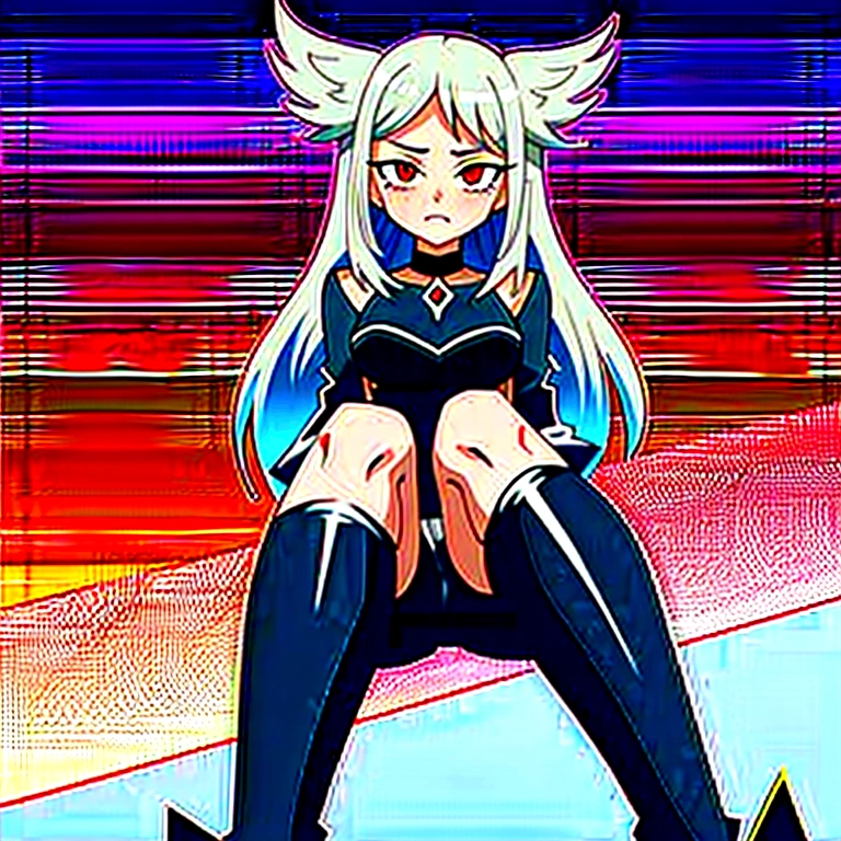 Girl, 20 years old, with long white hair down to below her waist, a serious yet tender expression, and red eyes. Her hair features black streaks. She wears antique-style clothing, a long black dress with a slit on the legs, and high black boots that almost reach her knees. Her power and background are related to shadows and darkness. dark escense, figth stance