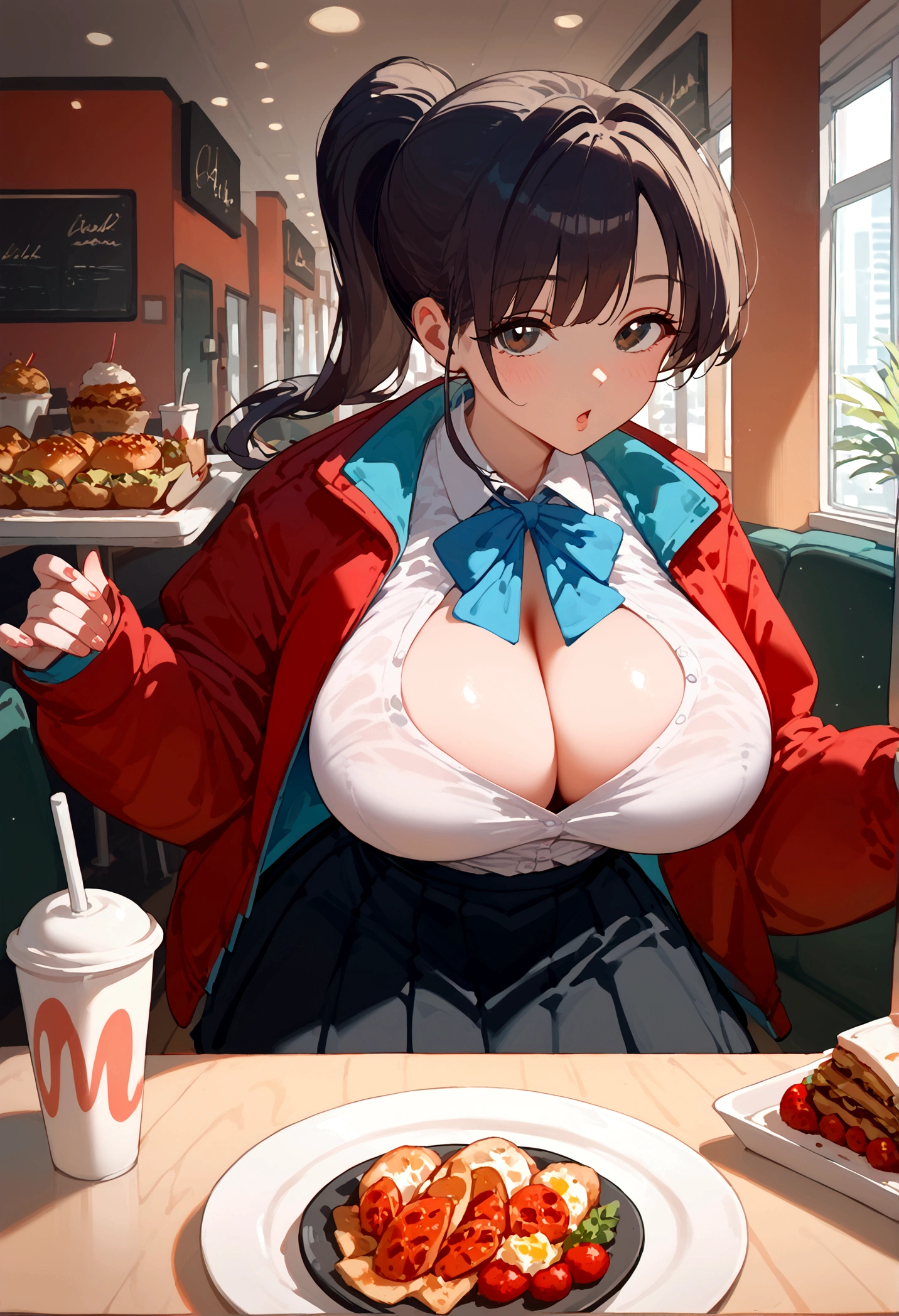 score_9, score_8_up, score_7_up, BREAK, 1girl, solo, breasts, mcdgirlfriend, ponytail, red jacket, collared shirt, blue bow, black skirt, indoors, restaurant, pov across table, big breasts