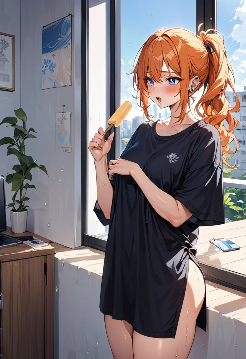 20 year old female, long orange hair, messy hair, ponytail, perfect eyes, perfect blue irises, perfect pupils, thick thighs, oversized shirt, black shorts, many ear piercings, eating popsicle, sweaty, blushing, summer, apartment, otaku, standing in front of window, highly detailed, best detail, best hands, right forearm tattoo, perfect tattoo, perfect hands, perfect fingers, perfect anatomy