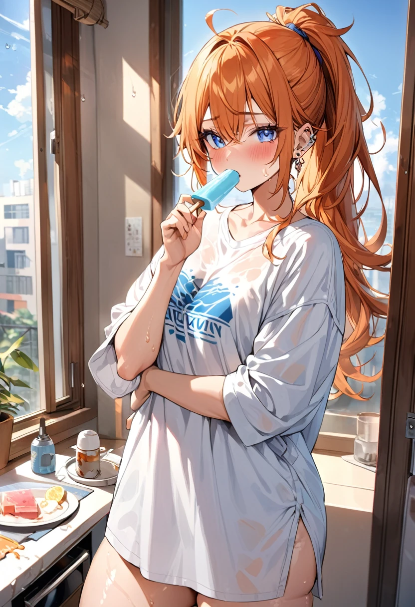 20 year old female, long orange hair, messy hair, ponytail, perfect eyes, perfect blue irises, perfect pupils, thick thighs, oversized shirt, black shorts, many ear piercings, eating popsicle, sweaty, blushing, summer, apartment, otaku, standing in front of window, highly detailed, best detail, best hands, right forearm tattoo, perfect tattoo, perfect hands, perfect fingers, perfect anatomy 