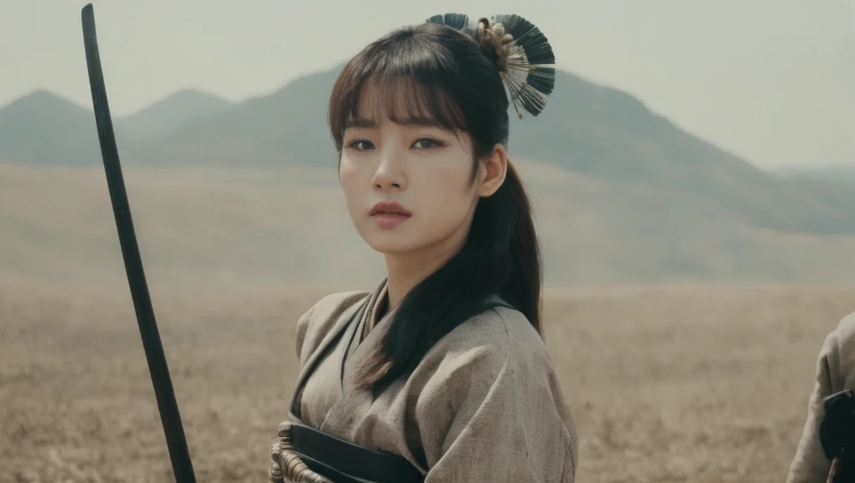 a shot from movie scene by Akira Kurosawa, Lisa Blackpink as beautiful Ancient Japanese female general on the battlefield