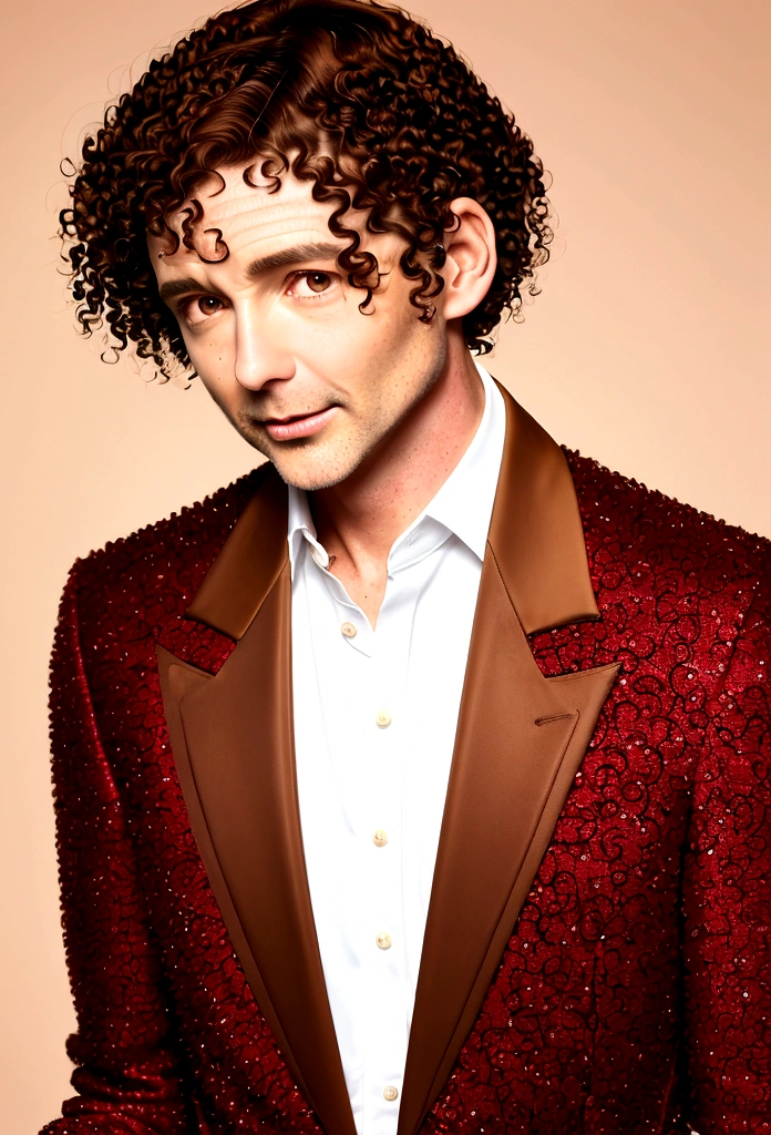 Handsome young man in red dress, Patrick's style de Marchelier. wearing a red velvet jacket, High and fit, (40 years old:1.1), (shaved:1.2), (Brown hair is short and slightly curly.:1.5),(very short hair:1.6). In pure beauty, realistic blue sky, Hasselblad 1600F, Hyper-realistic portrait photography, Thick color, dynamic lines, Smooth and shiny .