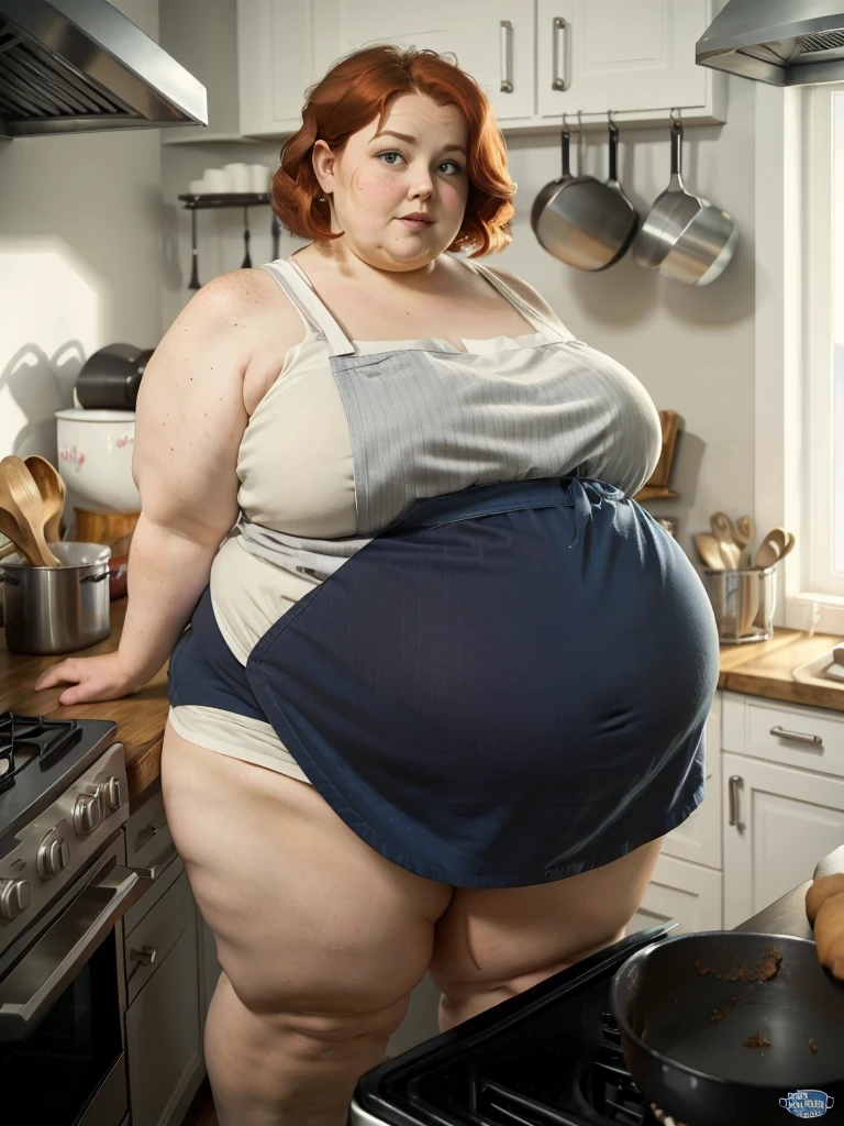 A muffin-baking photo of a middle-aged beautiful bottom heavy tradwife redhead ssbbw with pear-bodyhape, extreme wide hips, with short ginger hair soft fat belly, extremely wide fat obese hips, very obese legs, thick fat wide legs and fat arms, huge wide butt, cute pretty face, small breasts, blue eyes, freckles, in a long cooking apron in a kitchen, makeing lot ot muffins
