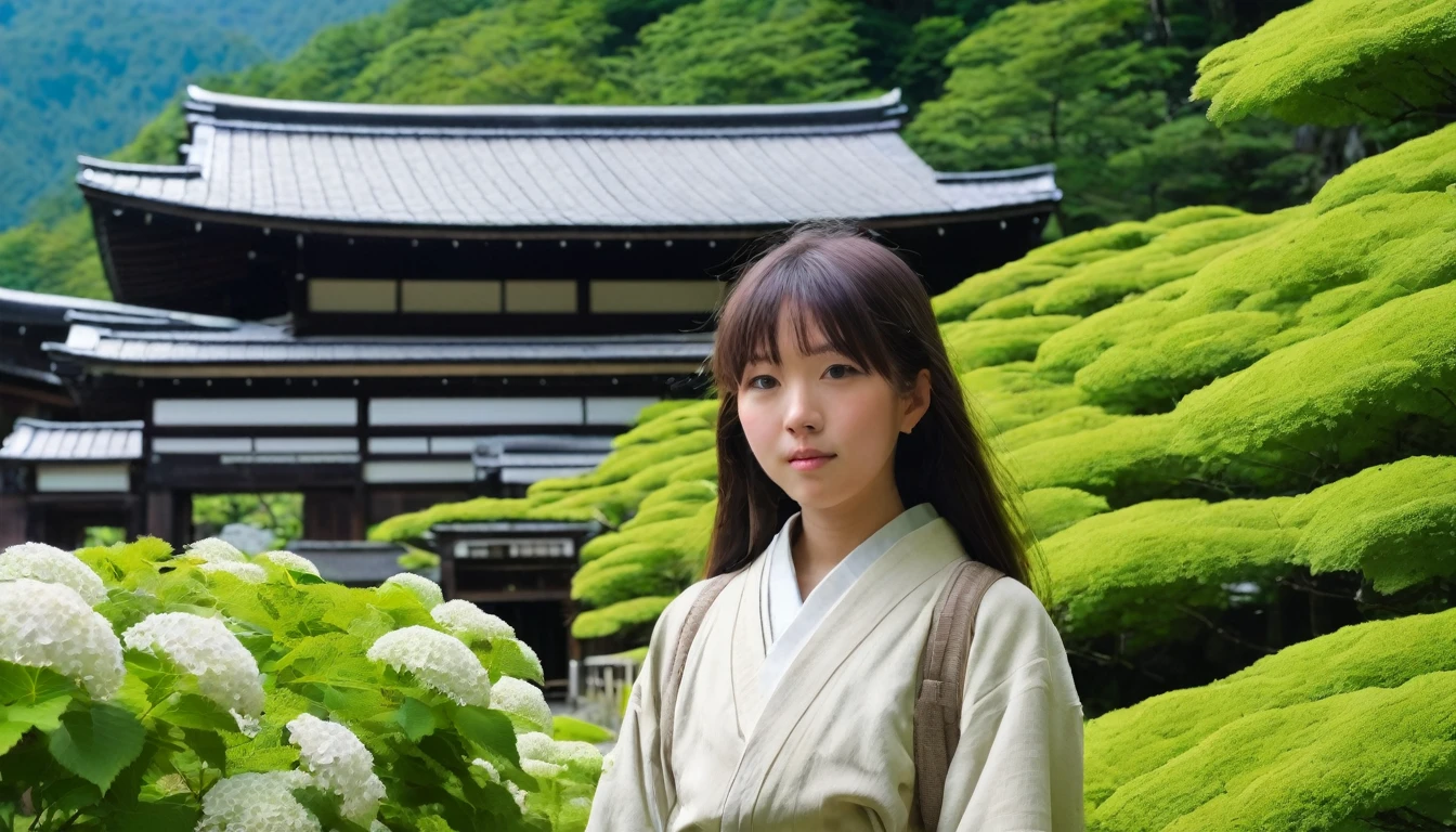 Cute girl　Deep in the mountains of Japan　Old temple　moss　hydrangea