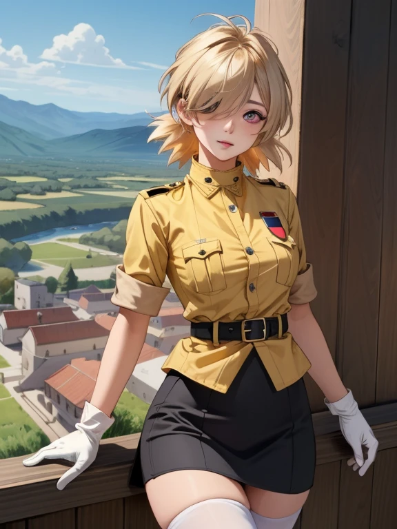 nsfw, (masterpiece, best quality),  intricate details,
1girl, seras victoria, hair over one eye, blue / red eyes, military uniform, yellow shirt, gloves, skirt, white thighhighs, belt, multiple views, scenery