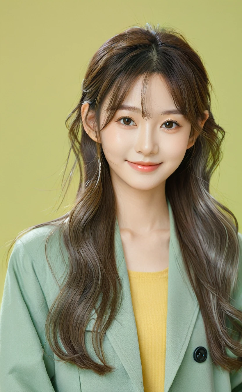 Realistic,Japanese young idol one girl portrait,Upper Body,Silvery, loosely wavy long hair,indoor,He has a short stick that school teachers use.,Simple yellow-green background,smile,Tilting face,Wearing a green long coat,Popular Korean makeup,photoRealistic,