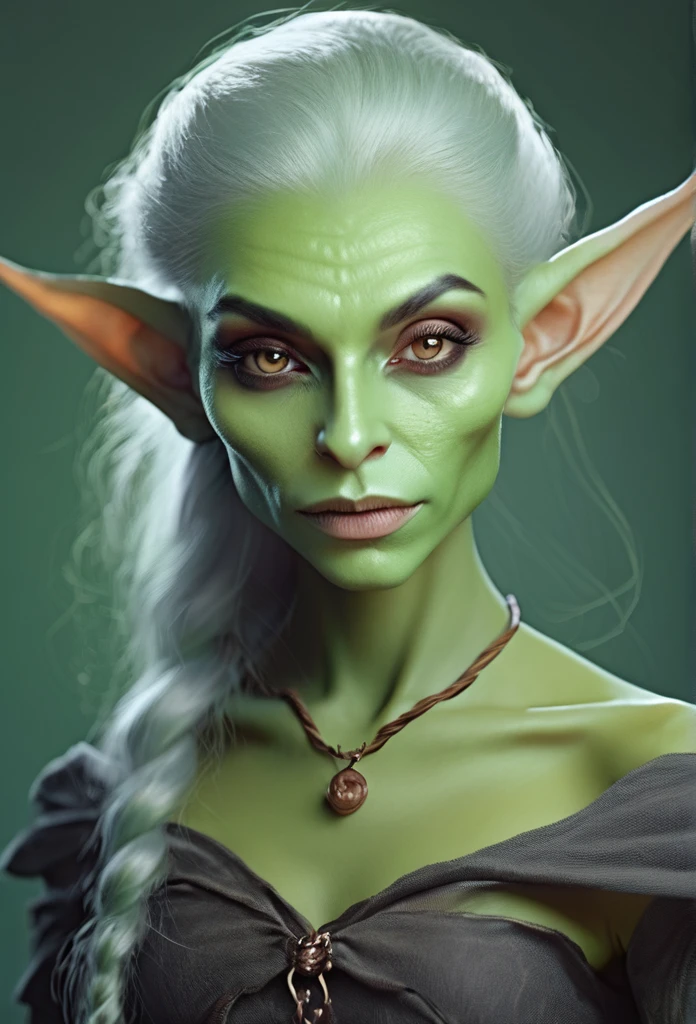 A pale green skin beautiful female witch woman half goblin half human half upper body
