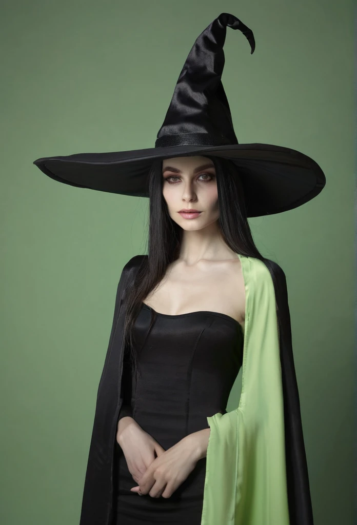 A pale green skin beautiful female witch woman half goblin half human half upper body