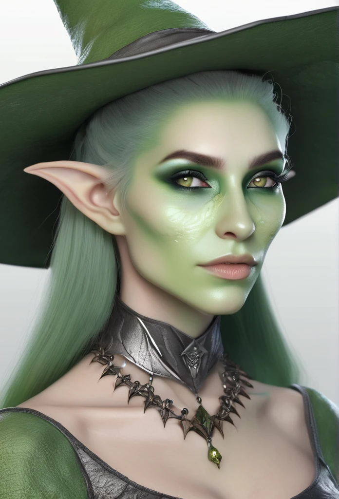 A pale green skin beautiful female witch woman half goblin half human half upper body