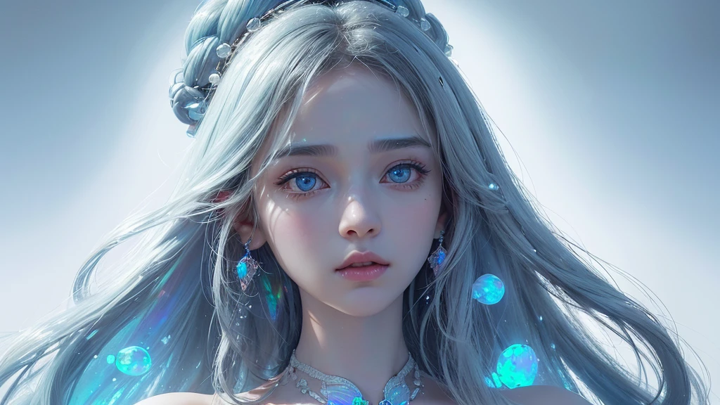  hairs  till shoulder fantasy A girl and dynamic glow reflecting on face long hairs looking at back half turned completely white background (illusion) (bioluminescent transparent(((opal knight girl))) ((very long hair)), featuring a (((black silhouette))), intricate details and opal glowing outlines that give off a (((softly glowing opal blue))), evoking a sense of mystery and fantasy (((8k, Ultra high definition, Intricate details, hyper realistic))) photo realistic, ((white background))howcasing a ((face))) in adorned with intricate ()), with a (((sophisticatedly drawn face))) that reflects a (((detailed, advanced styling process))), reminiscent of Arantza Sestayo and Gustav Doré, against a (((complex, surreal backdrop))) that defies the ordinary, with (((unusual creatures and fantastical elements))) that push the boundaries of reality, all set against a (((highly detailed, 8K environment))), where every detail is hyper-cute and precise plain white background