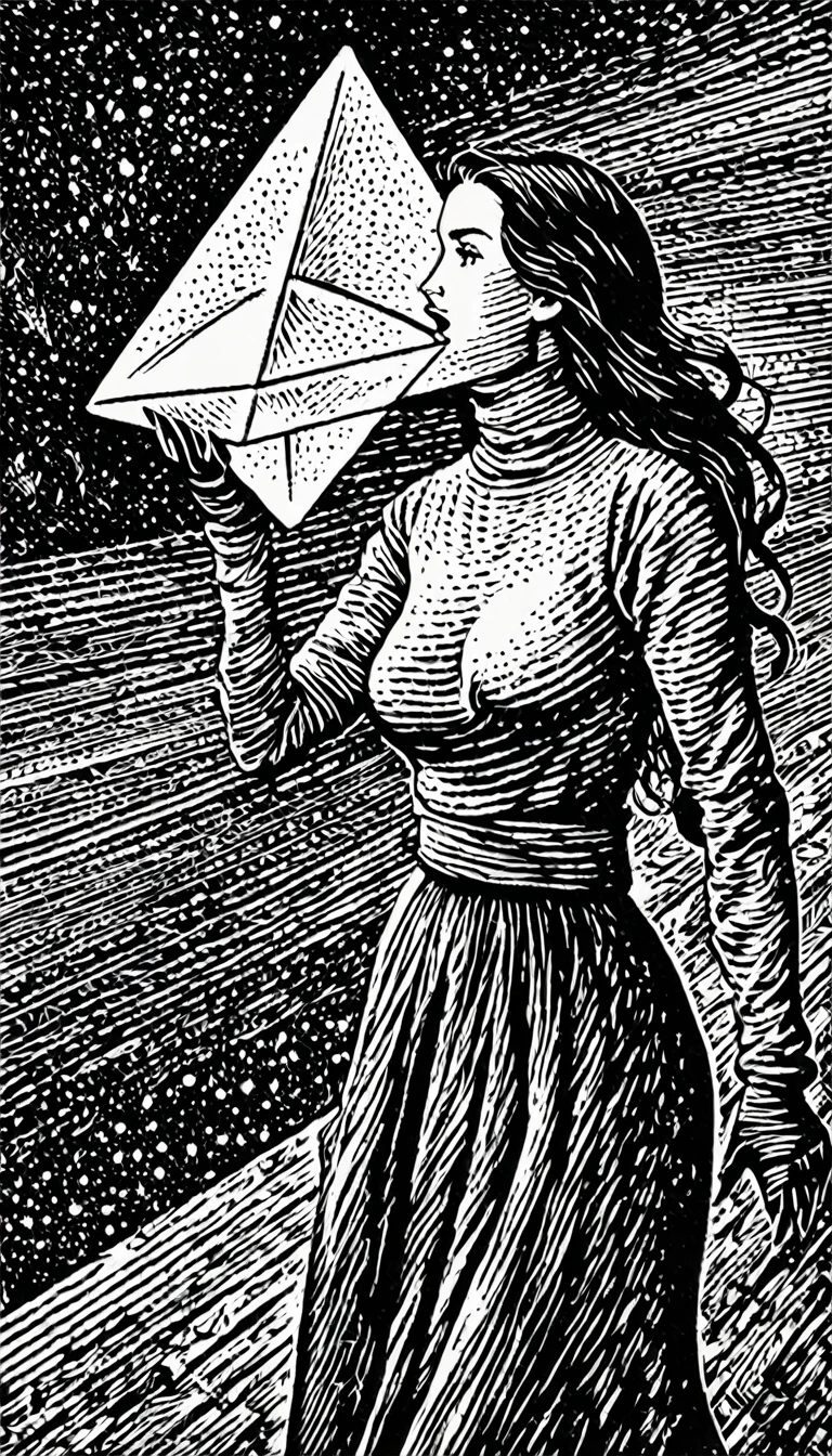 (Black and white woodcut:1.5)、(Second floor in black and white.)、foreground, dark and sinister atmosphere、profile face of a woman long black hair, hairstyle with long ponytail , huge breasts,  turtleneck blouse, outlined curves wearing a long skirt, with gloves looking down at the object in his hands,  holding a tetrahedron shape that emits light and floats in his hands, open mouth with a shocked face, Mysterious、