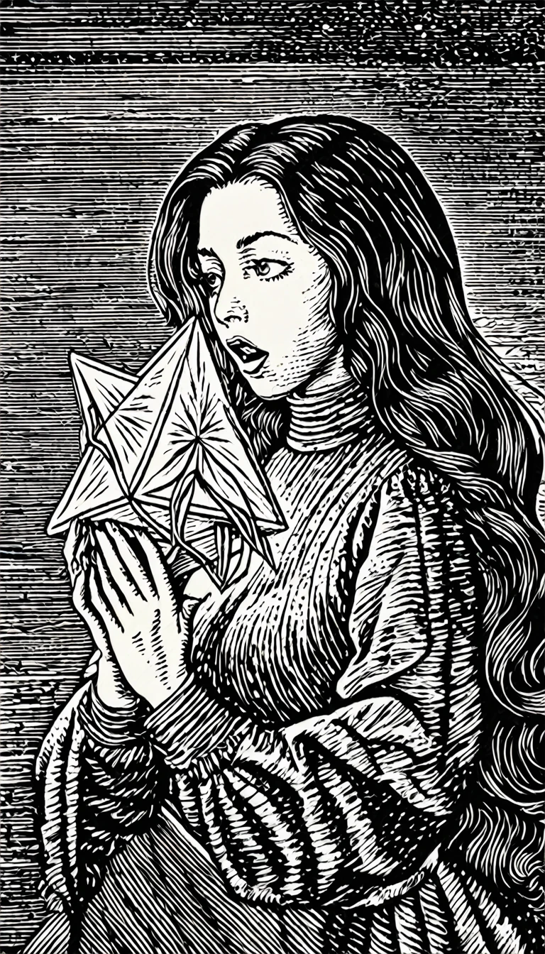 (Black and white woodcut:1.5)、(Second floor in black and white.)、foreground, dark and sinister atmosphere、profile face of a woman long black hair, hairstyle with long ponytail , huge breasts, turtleneck blouse, outlined curves wearing a long skirt, with gloves looking down at the object in his hands, holding a tetrahedron shape that emits light and floats in his hands, open mouth with a shocked face, Mysterious、