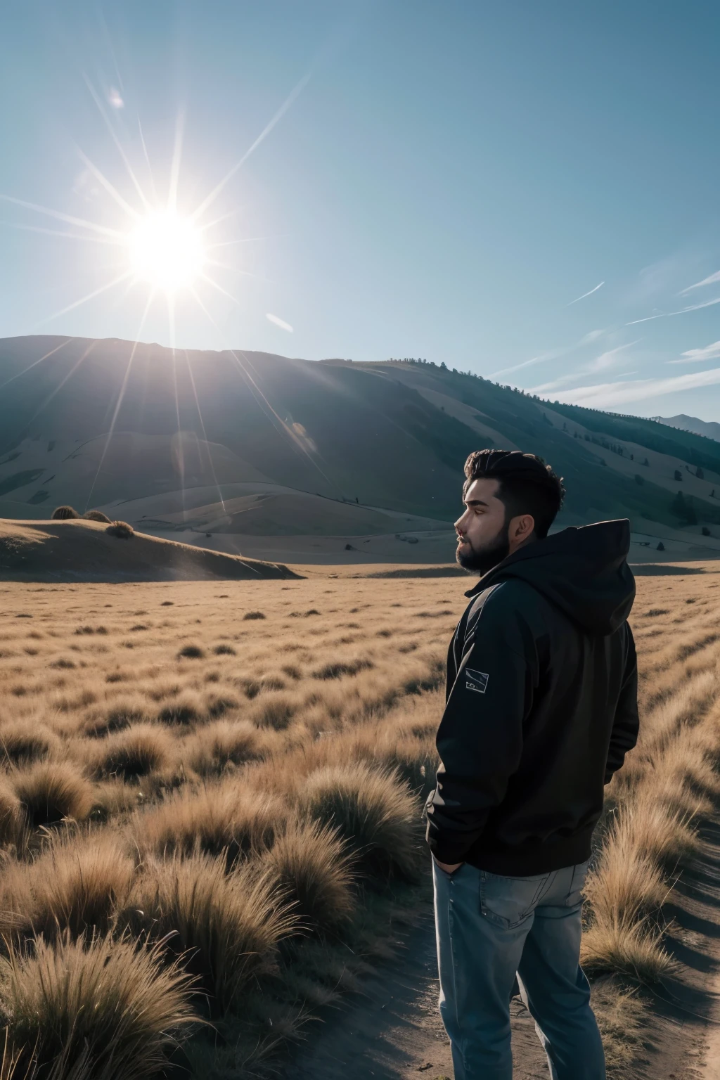 A 28-year-old Latino man with trendy side hair and a black beard, warm with hoodie, black sneakers, look at the horizon from the side, 1 man in the scene at a distance of 300 meters from the camera that takes the photo, a field scene with green grass, there is a lot of dust in the wind, and a gravel road. calm and peaceful composition, wide angle camera scene, contemplative scene, Medium body shot, sun and daylight, movie perspective, High Definition, intricate details, dynamic composition, volumetric light, RAW, Masterpiece, Fujifilm XT3, shadow contrast, photorealistic