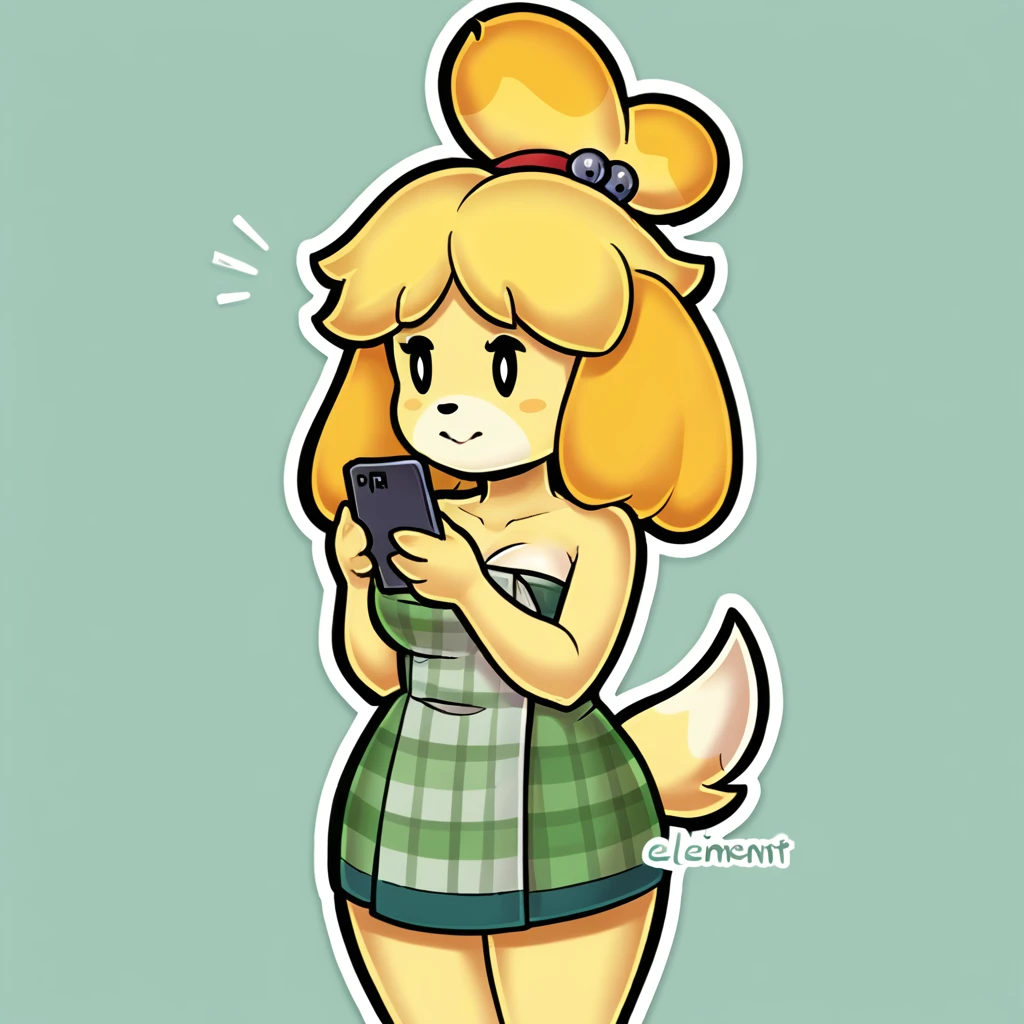 score_9_presence, score_8_up, isabelle, animal crossing, wrapped in towel medium breasts, holding phone
