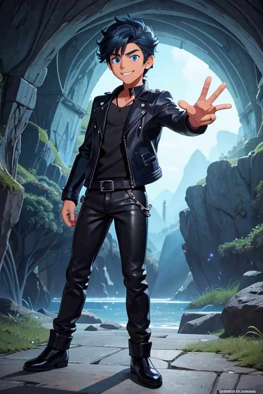 A young man is delighted after discovering a treasure. handsome anime boy, blue eyes beautiful like diamonds, hair blue like the sea, his face carved by the angels themselves, a black leather jacket, a pair of cowboy pants, pure black leather shoes, naked showing his penis, normal size, a beautiful and bright smile,