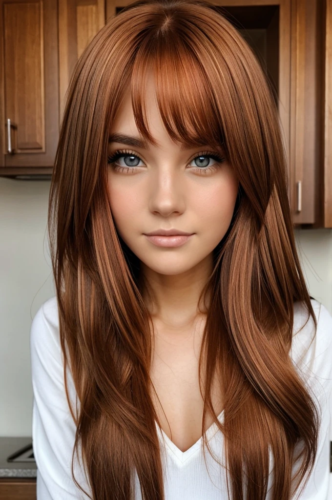 White girl with long, straight copper-colored hair and brown eyes