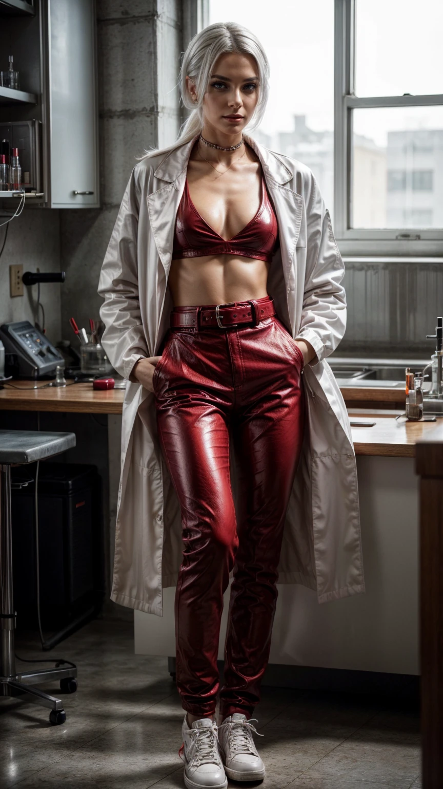 Seductive and confident look. Distant image. Labcoat. Long legs. Slim age european girl. Red leather trousers, sneakers. Vintage science laboratory. White hair, sidecut. Piercing. backlit, smirk, belt, backlit, perfect sultry make-up, cinematic, realistic, high contrast, visually rich,piercing eyes, strong eyeliner, mesmerizing eyes, elegant, graceful, natural beauty, charismatic, versatile, photogenic, very detailed