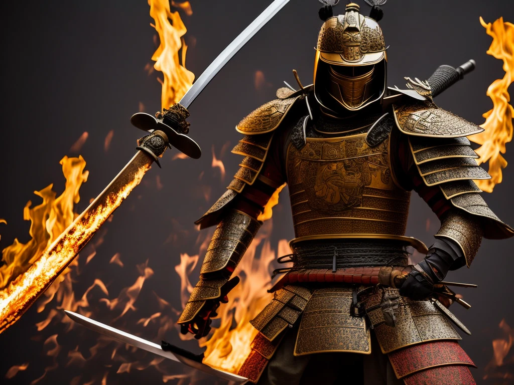 A samurai in ancient Japanese armor holding a burning sword