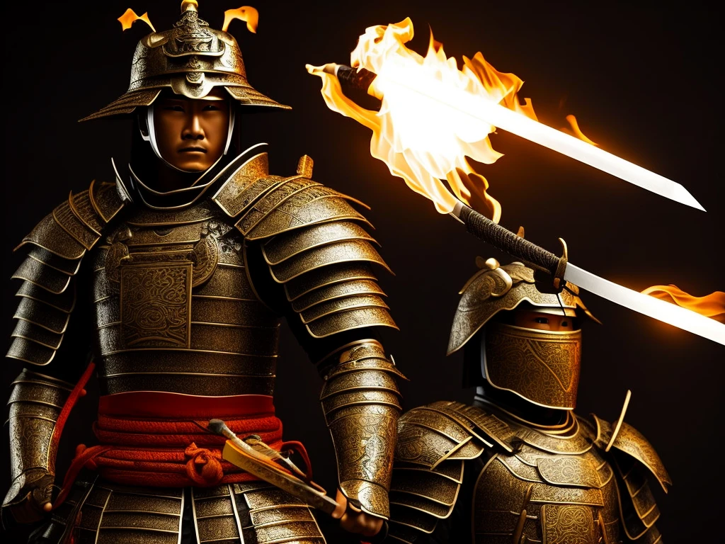 A samurai in ancient Japanese armor holding a burning sword