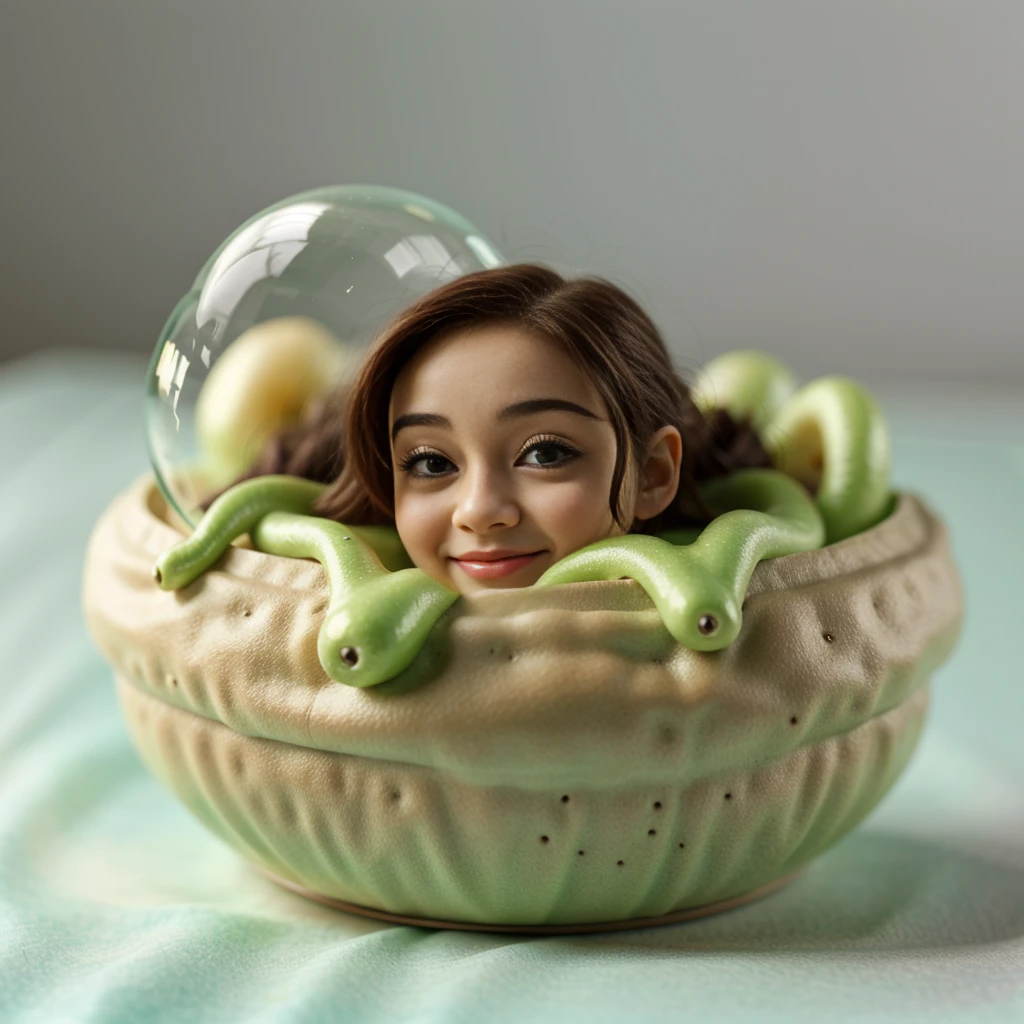 bokeh style, macro, Miniature from Hyper-realistic image on paper of an potato of slime with small round appendages for arms wrapped around an alien face