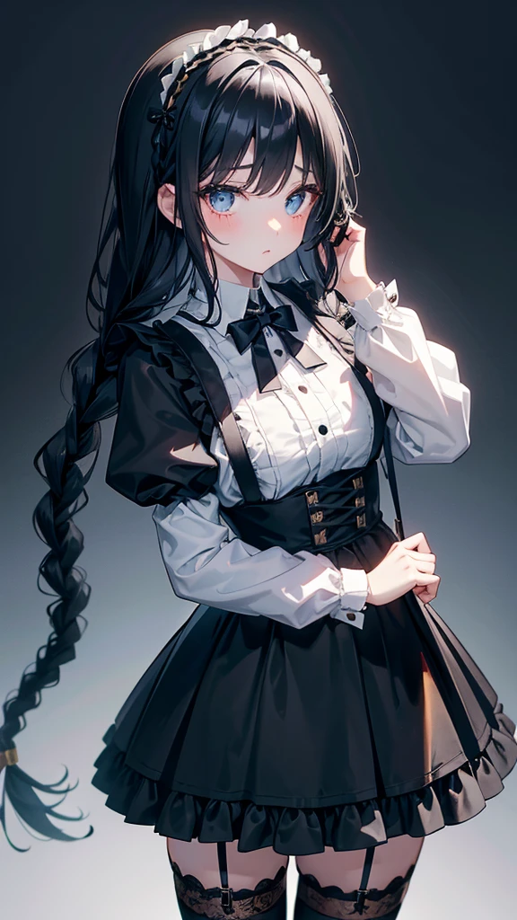 Black-haired girl,Indifferent girl,Golden pupils,Black long hair,braid,braid,脑后braid,Lolita skirt,Blue Lolita Dress,Lolita style,蓝白Lolita skirt,Dark style,Repressive style,Garter stockings,Garter stockings