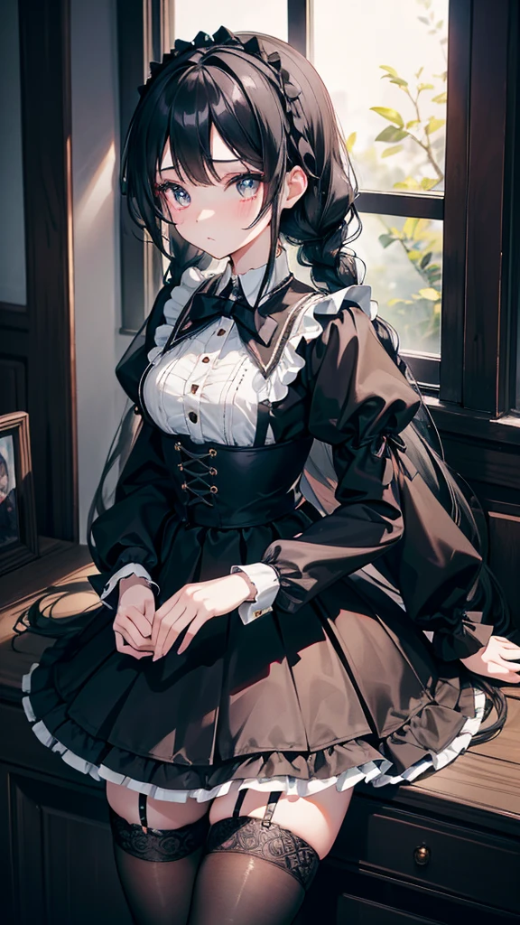 Black-haired girl,Indifferent girl,Golden pupils,Black long hair,braid,braid,脑后braid,Lolita skirt,Blue Lolita Dress,Lolita style,蓝白Lolita skirt,Dark style,Repressive style,Garter stockings,Garter stockings