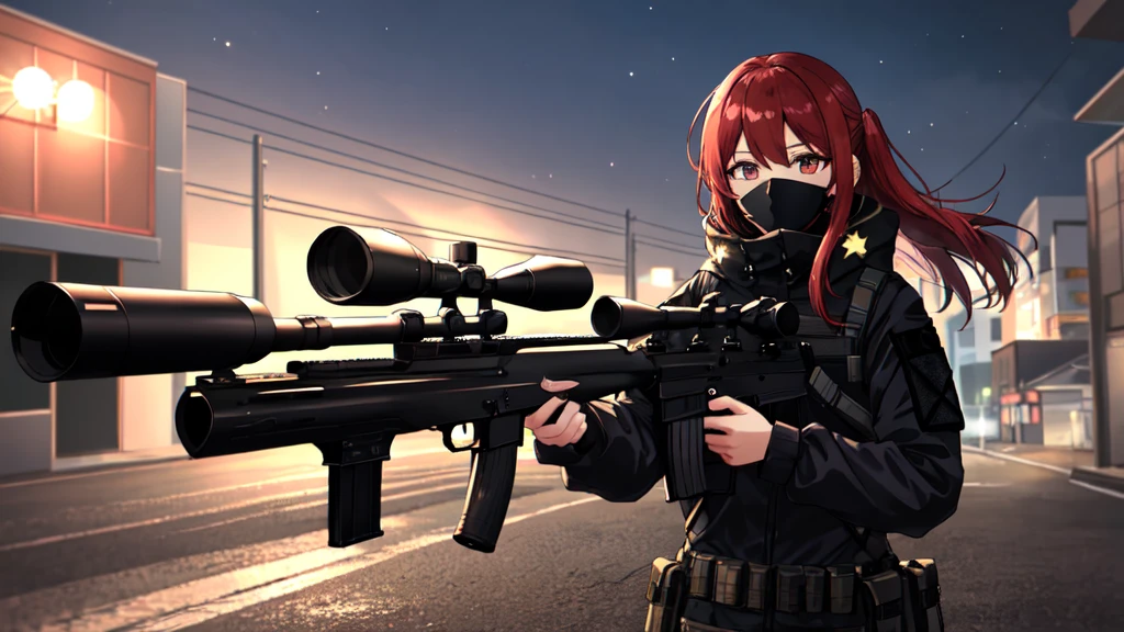 One wearing a black tactical outfit with a mask covering half of her face holding a sniper Aiming down at night