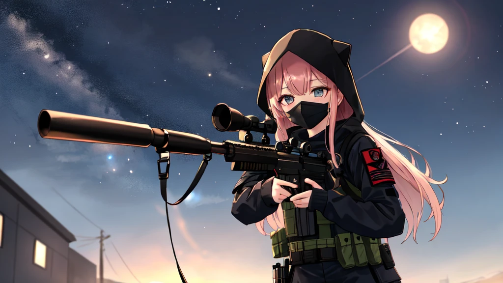 One wearing a black tactical outfit with a mask covering half of her face holding a sniper Aiming down at night