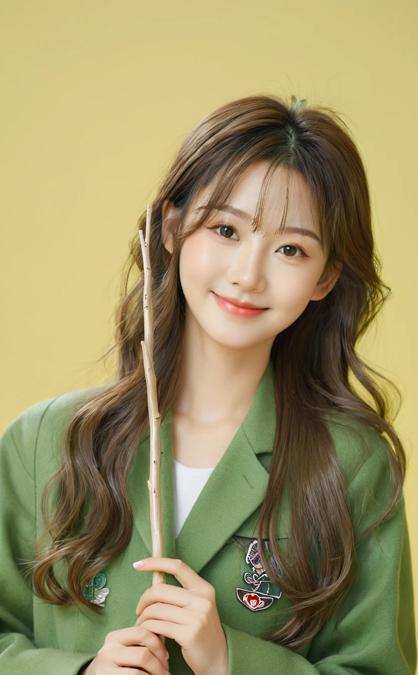 Realistic,Japanese young idol one girl portrait,Upper Body,Silvery, loosely wavy long hair,indoor,Holding a stick used by school teachers,Simple yellow-green background,smile,Tilting face,Wearing a green long coat,Popular Korean makeup,photoRealistic,