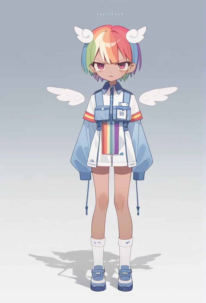 1girl,((rainbow hair)), short hair, tan skin) blue sportive clothes, masculine clothes, short socks, small wings, angry look, full body, score_9,score_8_up,score_7_up,Expressive,rating_safe,(masterpiece, best quality)