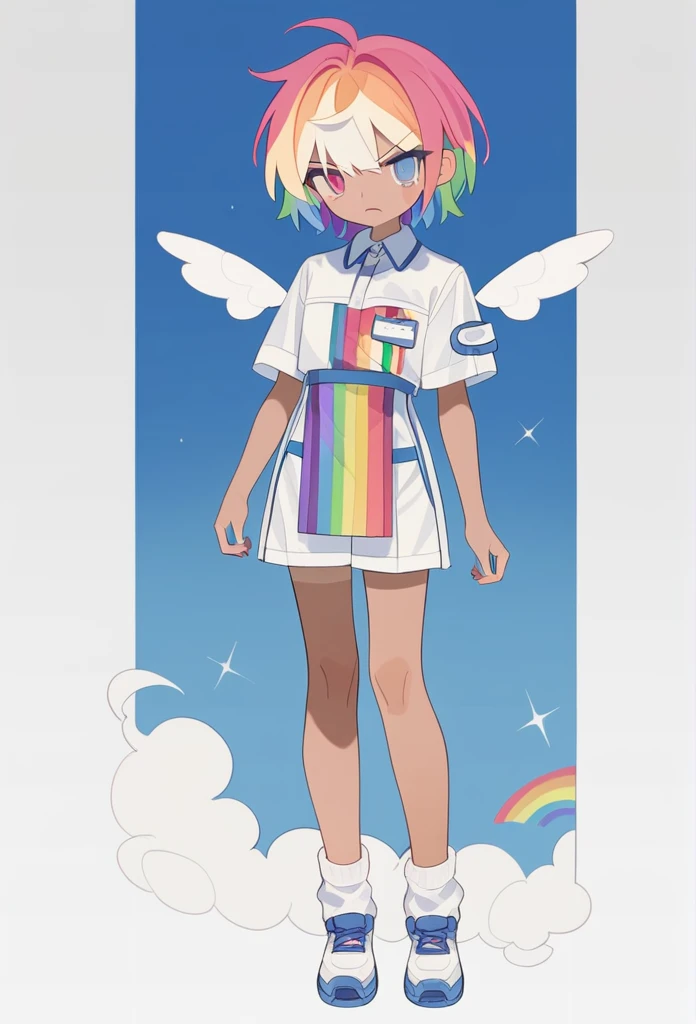 1girl,((rainbow hair)), short hair, tan skin) blue sportive clothes, masculine clothes, short socks, small wings, angry look, full body, score_9,score_8_up,score_7_up,Expressive,rating_safe,(masterpiece, best quality)