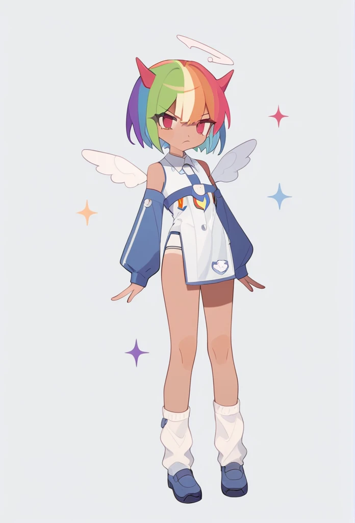 1girl,((rainbow hair)), short hair, tan skin) blue sportive clothes, masculine clothes, short socks, small wings, angry look, full body, score_9,score_8_up,score_7_up,Expressive,rating_safe,(masterpiece, best quality)