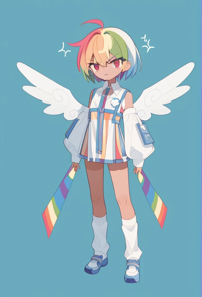 1girl,((rainbow hair)), short hair, tan skin) blue sportive clothes, masculine clothes, short socks, small wings, angry look, full body, score_9,score_8_up,score_7_up,Expressive,rating_safe,(masterpiece, best quality)