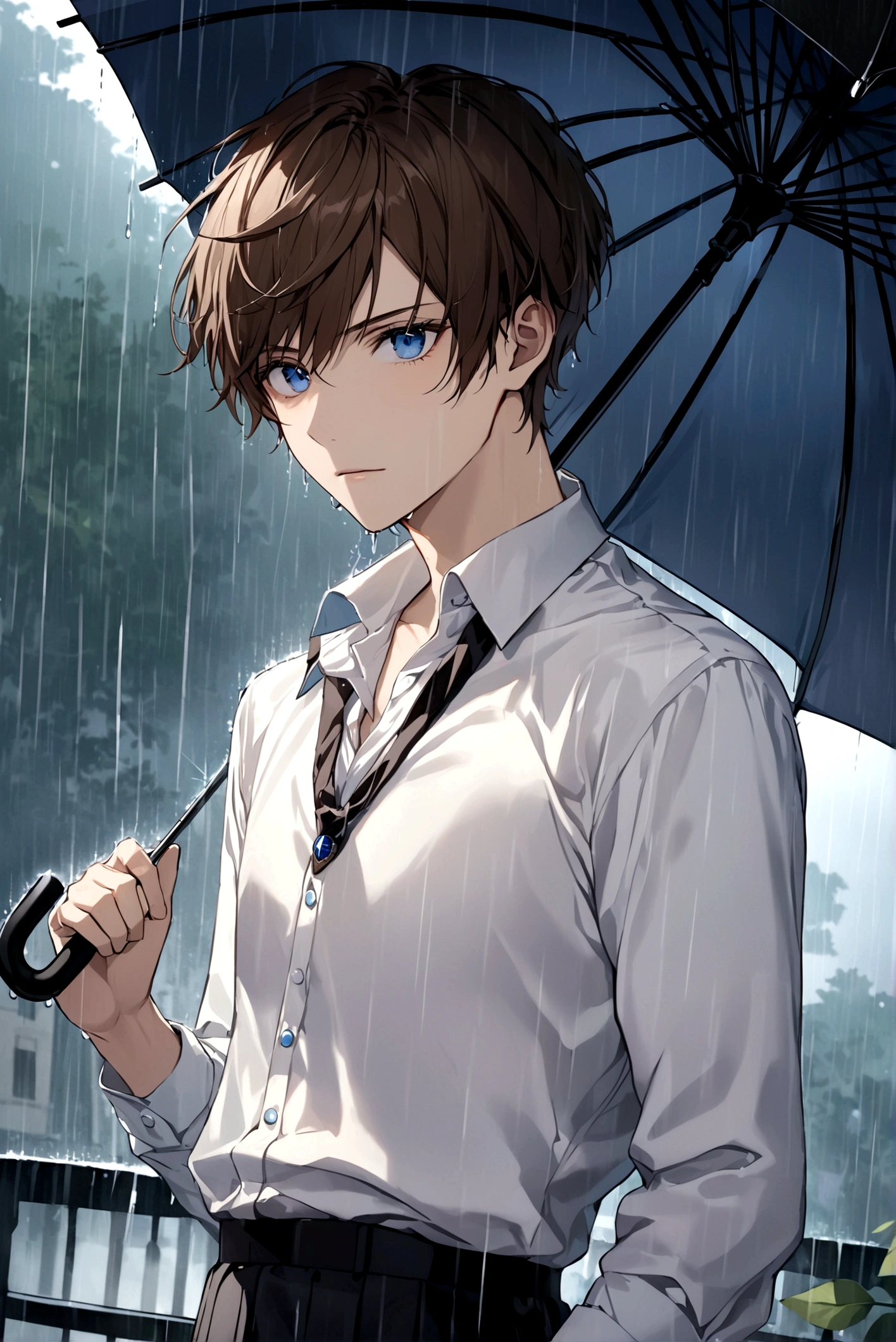 exquisite face,young man ,short brown hair,blue eyes ,White shirt, umbrella, rain, lightning