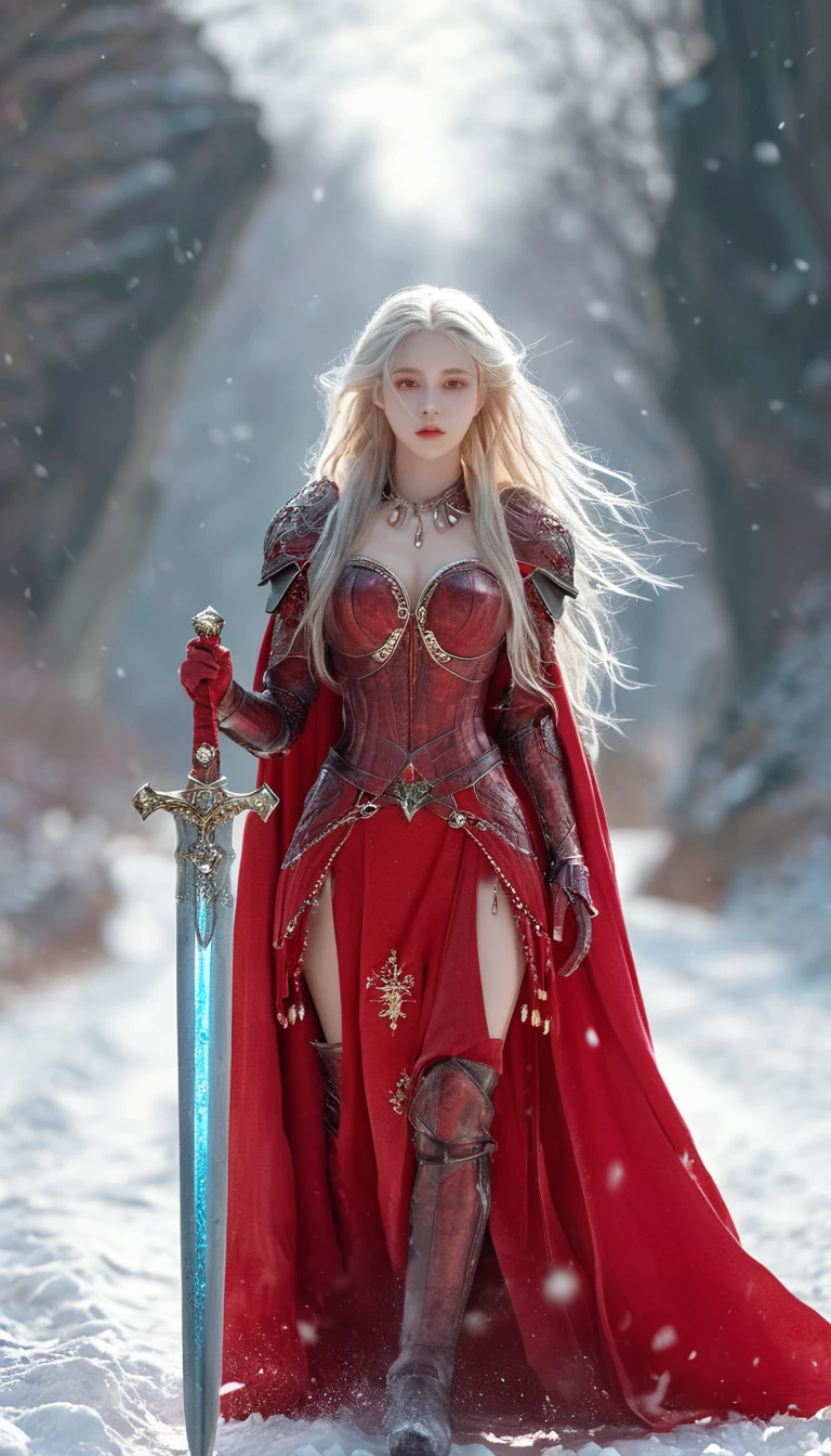 excellent quality, masterpiece, best quality, Ultra Detailed, Extremely detailed, Ultra HD, beautiful girl, Perfect anatomical structure, Perfect body, Model, Fashion pose, Wearing full magical red armor and red cape, Holding a crystal sword, Snowy medieval road, (random color:1.4),
Long hair, Various hairstyles, White hair, black eyes, Glowing eyes,
Extremely detailed, hkstyle