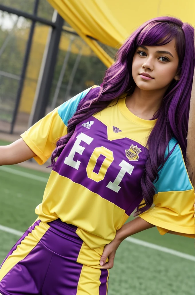 Make a yellow and purple football shirt with the Ever After High logo on the shield 