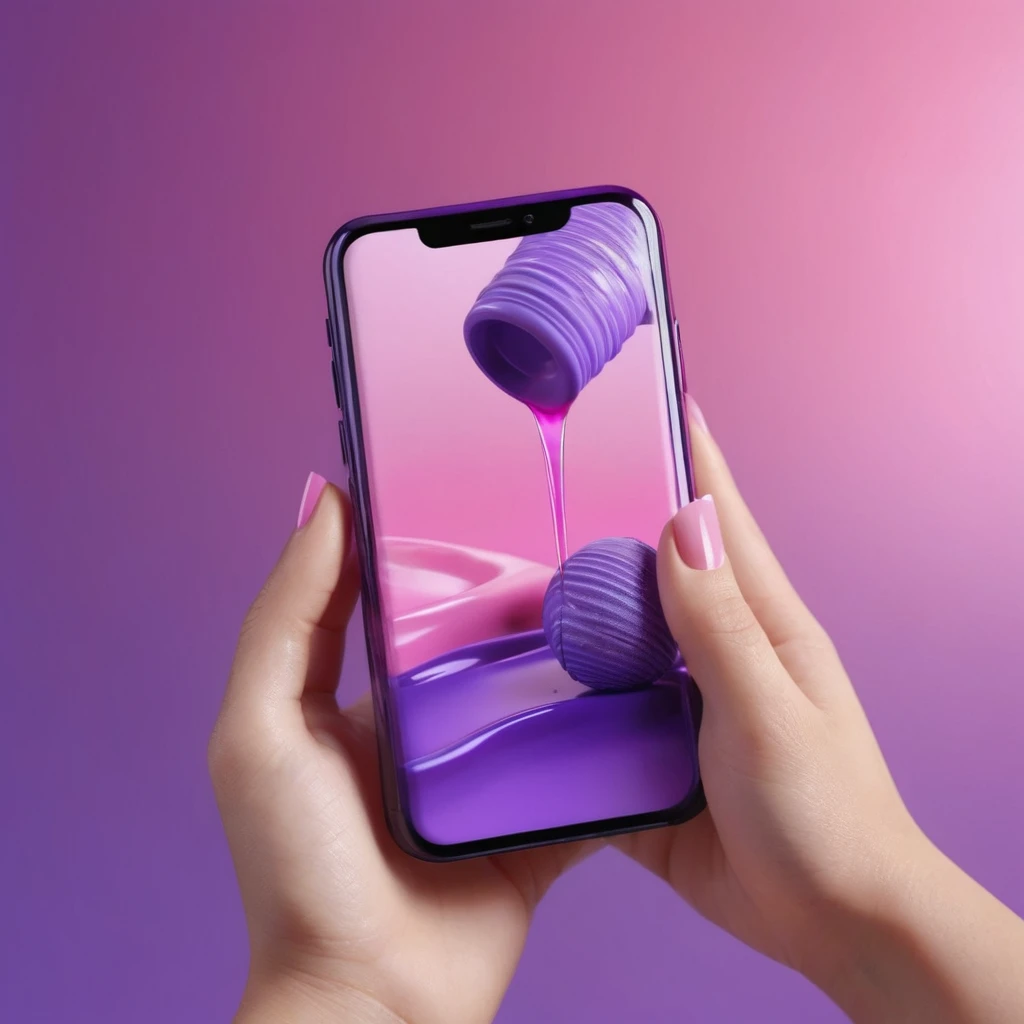 smartphone in her hand, blackhair female hands holding massage oil to her face, that is glowing with pink and purple colours, dripping wet, closeup macro photo, minimalistic, in a light purple and pink style, with soft edges and blurred details, in the toycore style, with a 3D render, on a colorful background, with a minimalist stage design, in a surreal style, with a cinema4D rendering, with a minimalist style, with low saturation, using gradient colors, with a cinema4D rendering, with a blender rendering, with super detail, at a super high resolution, at a super high definition
