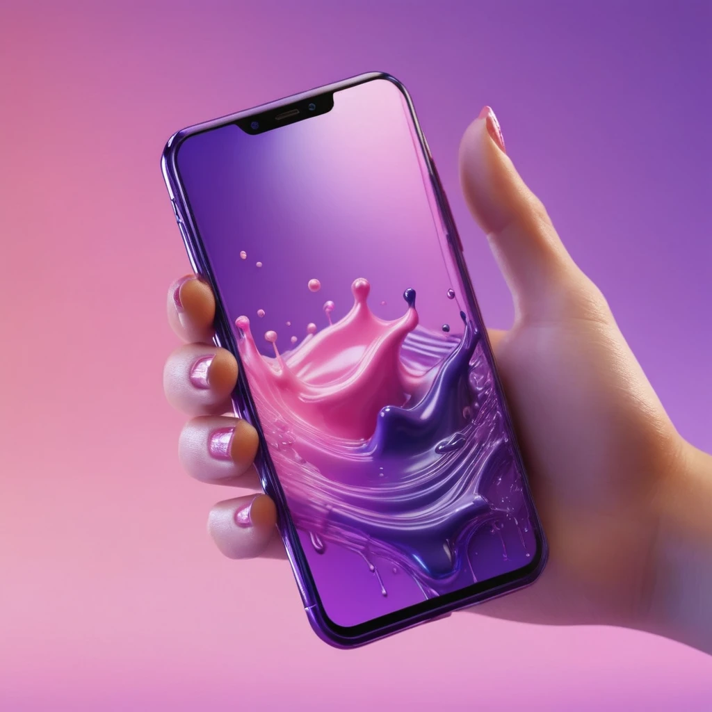 smartphone in her hand, blackhair female hands holding massage oil to her face, that is glowing with pink and purple colours, dripping wet, closeup macro photo, minimalistic, in a light purple and pink style, with soft edges and blurred details, in the toycore style, with a 3D render, on a colorful background, with a minimalist stage design, in a surreal style, with a cinema4D rendering, with a minimalist style, with low saturation, using gradient colors, with a cinema4D rendering, with a blender rendering, with super detail, at a super high resolution, at a super high definition
