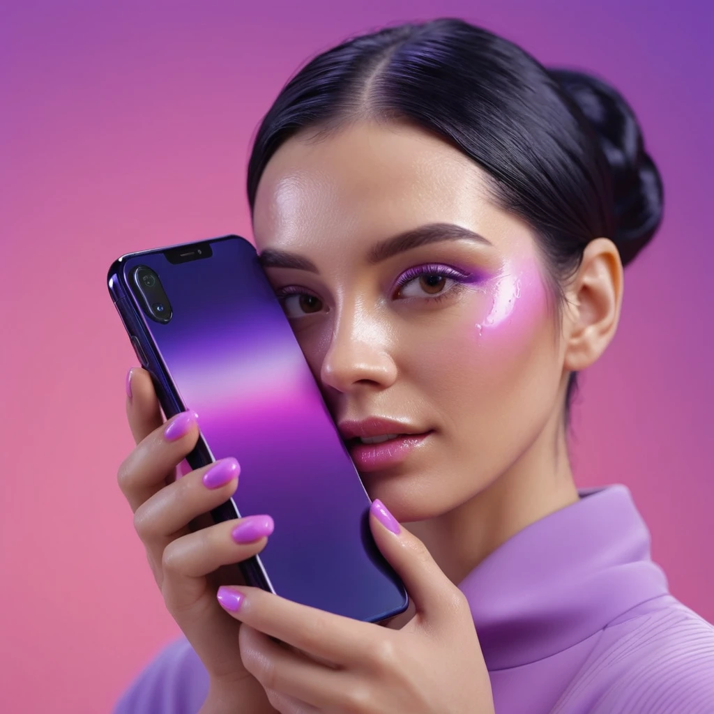 smartphone in her hand, blackhair female hands holding massage oil to her face, that is glowing with pink and purple colours, dripping wet, closeup macro photo, minimalistic, in a light purple and pink style, with soft edges and blurred details, in the toycore style, with a 3D render, on a colorful background, with a minimalist stage design, in a surreal style, with a cinema4D rendering, with a minimalist style, with low saturation, using gradient colors, with a cinema4D rendering, with a blender rendering, with super detail, at a super high resolution, at a super high definition