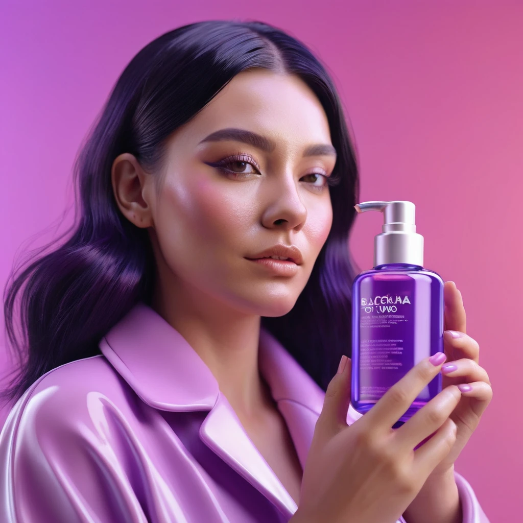 smartphone in her hand, blackhair female hands holding massage oil to her face, that is glowing with pink and purple colours, dripping wet, closeup macro photo, minimalistic, in a light purple and pink style, with soft edges and blurred details, in the toycore style, with a 3D render, on a colorful background, with a minimalist stage design, in a surreal style, with a cinema4D rendering, with a minimalist style, with low saturation, using gradient colors, with a cinema4D rendering, with a blender rendering, with super detail, at a super high resolution, at a super high definition