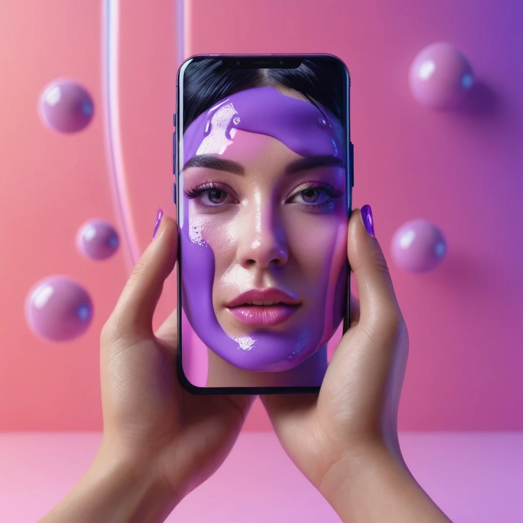 smartphone in her hand, blackhair female hands holding massage oil to her face, that is glowing with pink and purple colours, dripping wet, closeup macro photo, minimalistic, in a light purple and pink style, with soft edges and blurred details, in the toycore style, with a 3D render, on a colorful background, with a minimalist stage design, in a surreal style, with a cinema4D rendering, with a minimalist style, with low saturation, using gradient colors, with a cinema4D rendering, with a blender rendering, with super detail, at a super high resolution, at a super high definition
