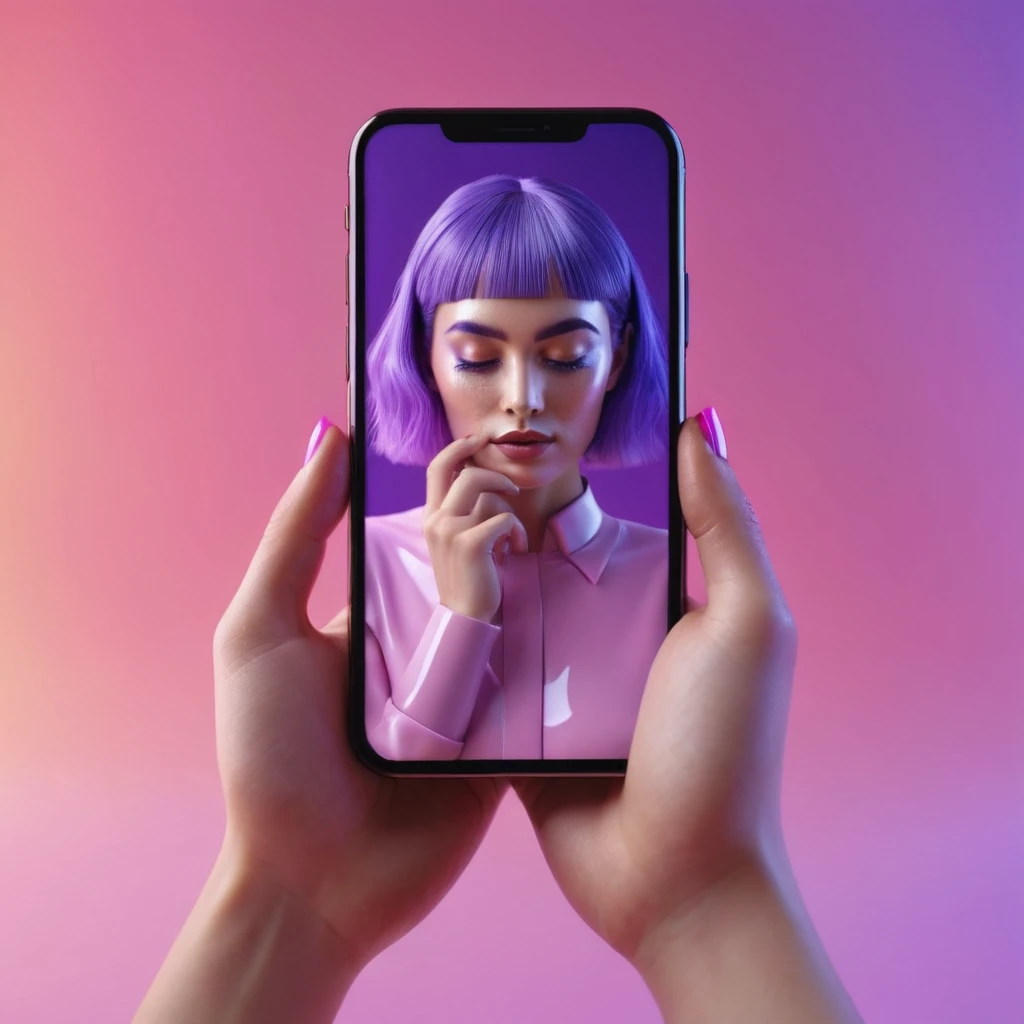 smartphone in her hand, blackhair female hands holding massage oil to her face, that is glowing with pink and purple colours, dripping wet, closeup macro photo, minimalistic, in a light purple and pink style, with soft edges and blurred details, in the toycore style, with a 3D render, on a colorful background, with a minimalist stage design, in a surreal style, with a cinema4D rendering, with a minimalist style, with low saturation, using gradient colors, with a cinema4D rendering, with a blender rendering, with super detail, at a super high resolution, at a super high definition
