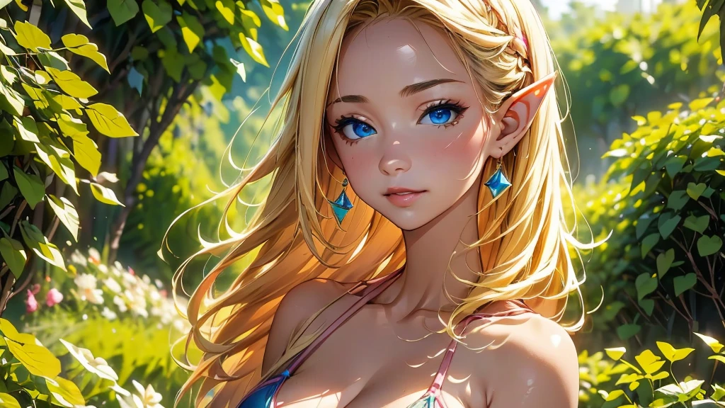 Elf、Colorful swimsuit in reggae colors、Portrait of a beautiful girl , detailedな背景画、The gesture of pulling up the hair、Blue Eyes, detailedな目、detailedな手脚、Accentuate the cleavage、Taright red lips, (masterpiece) (Highest quality) (detailed) (8K) (High resolution) (Cinema Lighting) (Sharp focus)、Blonde、(Inner Color: pink), ((blush: 0.8)), Natural skin texture, Transparent skin、Delicate, rolled up、luxury、whole body、A step back angle、