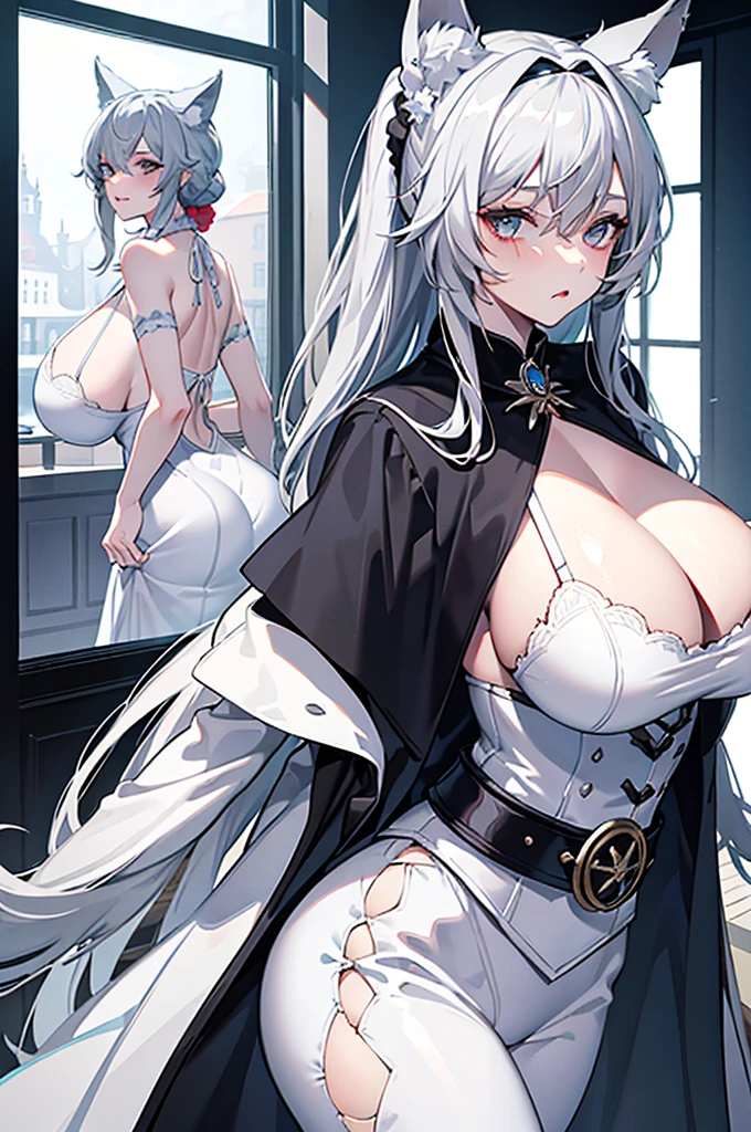 best qualtiy，tmasterpiece，The is very detailed，4K，Gray hair and shallow eyes，Drag cool expressions，Wolf ears，Erect scar on the left eye，British style，1girl，Absolutely beautiful, , white costume, animal ear Scrunchie