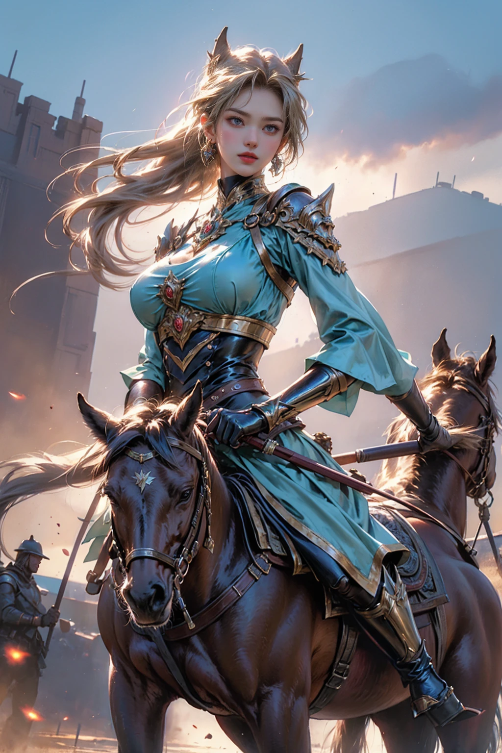 fierce female warrior on horseback, wide angle shot, scenic background, high detail, epic, realistic, cinematic lighting, dynamic composition, by top fantasy artists, 4k resolution, masterpiece digital painting, photodromm, erotic, large breasts, hyperrealistic art, extremely high-resolution details, photographic, realism pushed to extreme, fine texture, incredibly lifelike